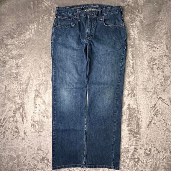 Carhartt Relaxed Fit Utility Workwear Dark Blue Denim Jeans Size 33 X 30 - Picture 2 of 7